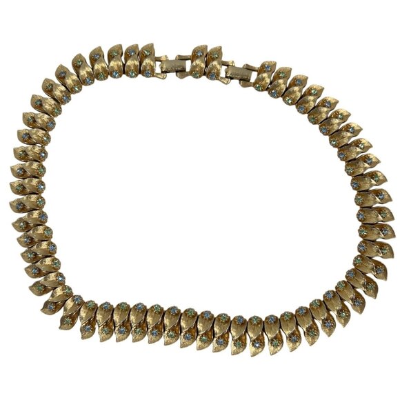 VTG 50s/60s Gold-Tone Double Leaf Adj Link Necklace Blue & Green Rhinestones 16" - Picture 1 of 9